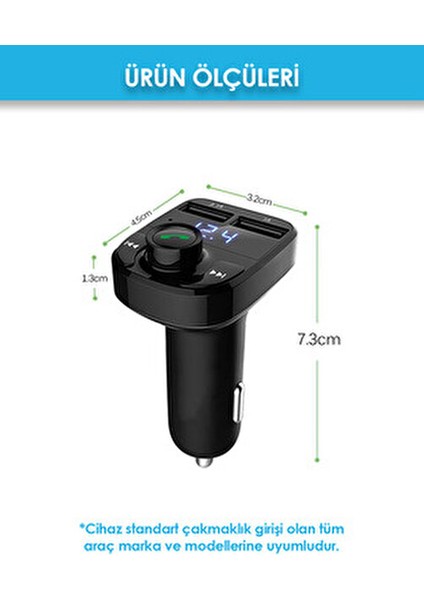 Araç Bluetooth Fm Transmitter Cihazı Müzik Kiti Mp3 Çalar Çakmaklık Şarj Soketi indirimleri