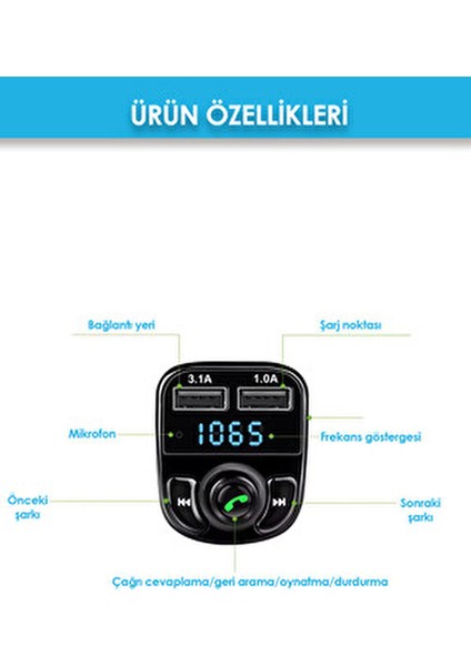 Araç Bluetooth Fm Transmitter Cihazı Müzik Kiti Mp3 Çalar Çakmaklık Şarj Soketi
