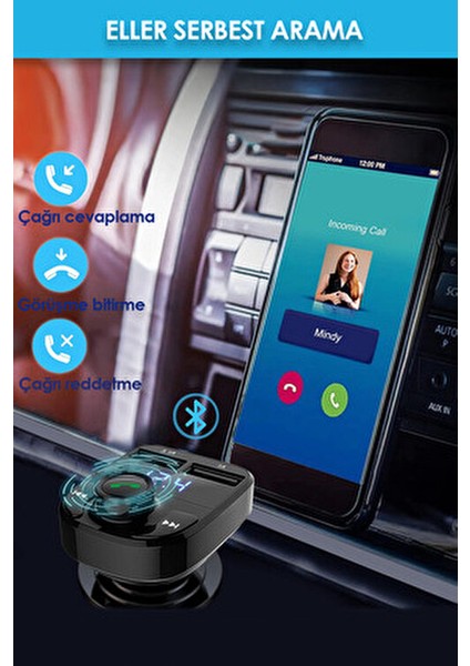 Araç Bluetooth Fm Transmitter Cihazı Müzik Kiti Mp3 Çalar Çakmaklık Şarj Soketi