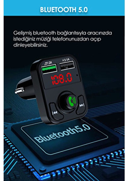 Araç Bluetooth Fm Transmitter Cihazı Müzik Kiti Mp3 Çalar Çakmaklık Şarj Soketi