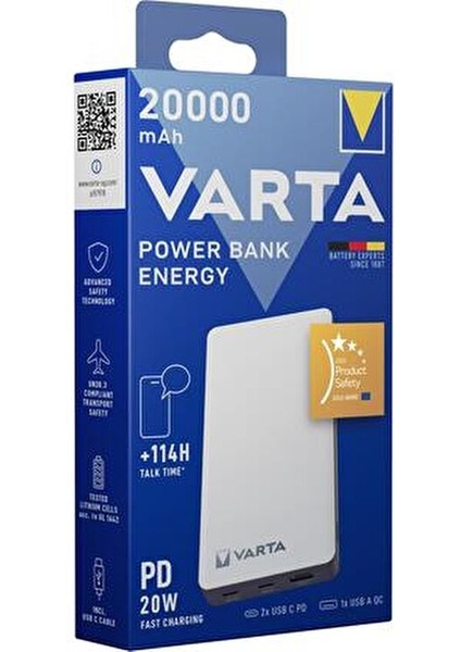 20000 mAh Taşınabilir Şarj Cihazı - Energy Hızlı Şarj Özellikli 3 USB Çıkışlı Beyaz
