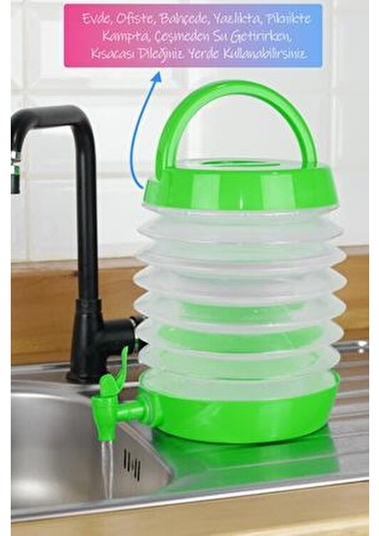 Musluklu Katlanır Su Bidonu 5,5 Litre Outdoor Akordiyon Piknik Su Kovası Yeşil Renkli Pratik Kullanım