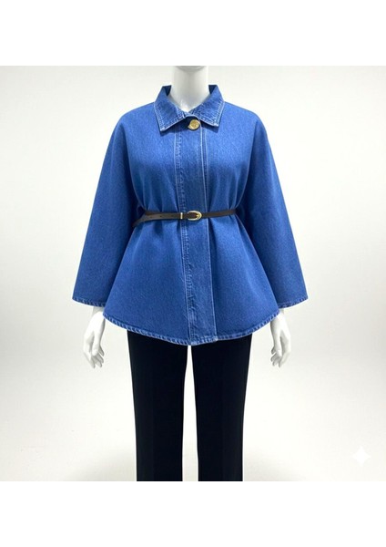 Kadın Kemerli Kaşe Panço- Kot