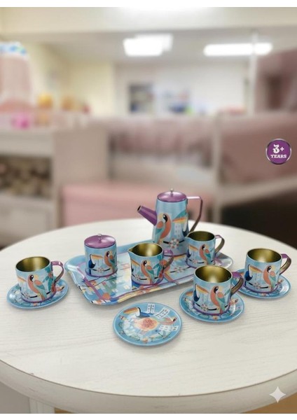 Metal 14 Parça Mavi Çantalı Eğitici Evcilik Oyuncak Çay Fincan Seti