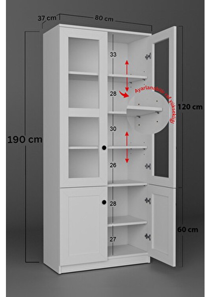 Lisa 4 Kapaklı Beyaz Vitrin Kitaplık ve Çok Amaçlı Dolap 190 cm Yükseklik Modern Tasarım
