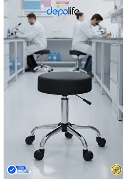 Krom Ayaklı Tekerlekli Ofis Kasiyer Taburesi Deri Döşeme Siyah Ergonomik Tasarım ile Rahat Oturum