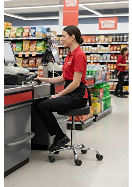 Krom Ayaklı Tekerlekli Ofis Kasiyer Taburesi Deri Döşeme Siyah Ergonomik Tasarım ile Rahat Oturum