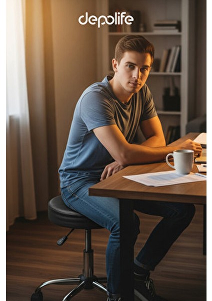 Krom Ayaklı Tekerlekli Ofis Kasiyer Taburesi Deri Döşeme Siyah Ergonomik Tasarım ile Rahat Oturum