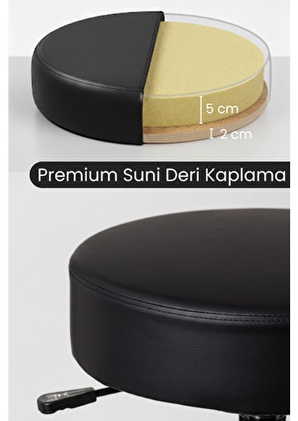 Krom Ayaklı Tekerlekli Ofis Kasiyer Taburesi Deri Döşeme Siyah Ergonomik Tasarım ile Rahat Oturum