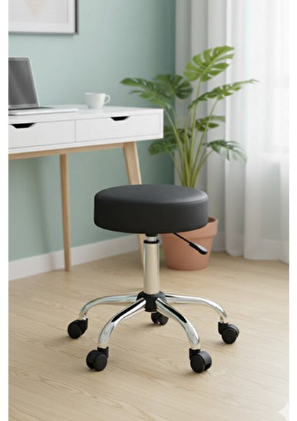 Krom Ayaklı Tekerlekli Ofis Kasiyer Taburesi Deri Döşeme Siyah Ergonomik Tasarım ile Rahat Oturum