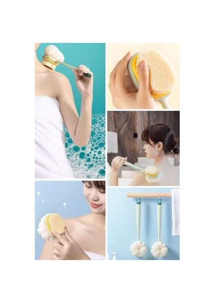 2'si 1 Arada Çift Taraflı Uzun Saplı Fırçalı Banyo Vücut Sırt Fırçası Banyo Lifi Dayanıklı Malzeme