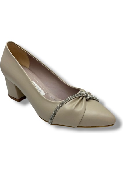 C-Shoes 150-26 Cilt Deri Düğüm Taşlı Kalın Topuk Kadın Ayakkabı 38-40