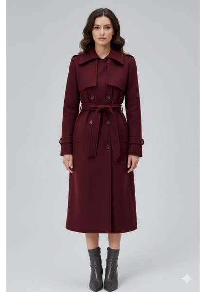 Bordo Regular Rüzgarlık Detaylı Kaşe Kaban