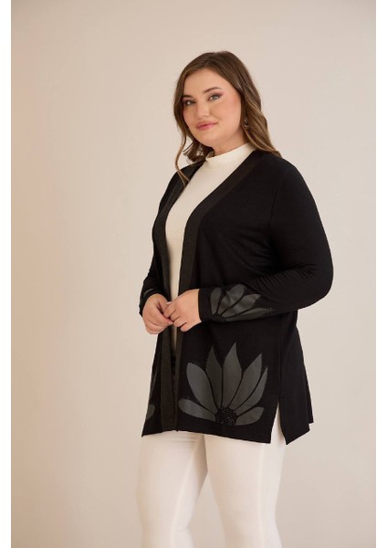 Kadın Kristal Kumaş Etek ve Kol Uçları Yaprak Desen Taşlı Üst Kalite Büyük Beden Hırka