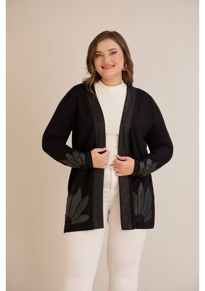 Kadın Kristal Kumaş Etek ve Kol Uçları Yaprak Desen Taşlı Üst Kalite Büyük Beden Hırka indirimleri