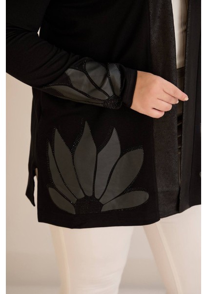 Kadın Kristal Kumaş Etek ve Kol Uçları Yaprak Desen Taşlı Üst Kalite Büyük Beden Hırka