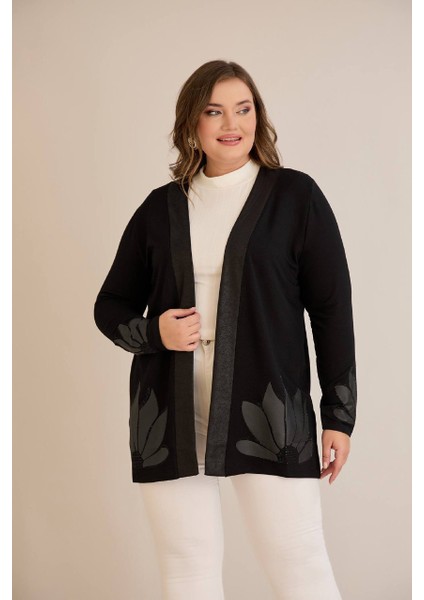 Kadın Kristal Kumaş Etek ve Kol Uçları Yaprak Desen Taşlı Üst Kalite Büyük Beden Hırka