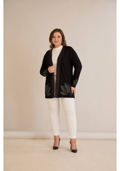 Kadın Kristal Kumaş Etek ve Kol Uçları Yaprak Desen Taşlı Üst Kalite Büyük Beden Hırka