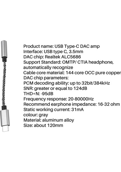 ALC5686 USB Tip-C Ila 3.5mm Dac Kulaklık Amplifikatörü 16-32 Ohm 125DB Pcm 32B/384KHZ Dijital Araç Kodlu Ses Adaptörü, Gri (Yurt Dışından) modelleri