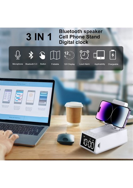 3&#39;ü 1 Arada Kablosuz Bluetooth Hoparlör Yüksek Sesli Çalar Saat Cep Telefonu Standı Tf Kart Okuyucu Hd Surround Sound (Beyaz) (Yurt Dışından) modelleri