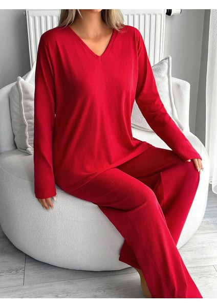 Kadın Uzun Kollu Yüksek Bel V Yaka Kırmızı Ikili Takım