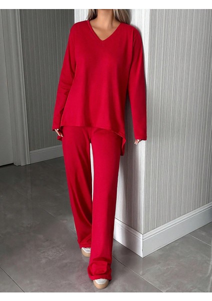 Kadın Uzun Kollu Yüksek Bel V Yaka Kırmızı Ikili Takım fiyatları