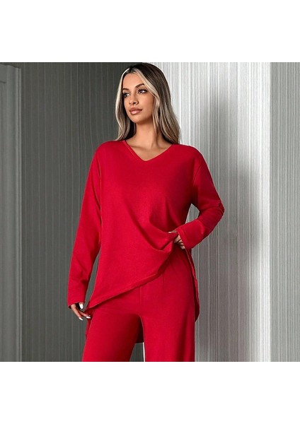 Kadın Uzun Kollu Yüksek Bel V Yaka Kırmızı Ikili Takım modelleri
