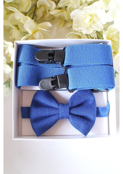 Lacivert Renk Ayarlanabilir Erkek Çocuk Papyon ve Pantolon Askı Seti- Kutulu Takımı