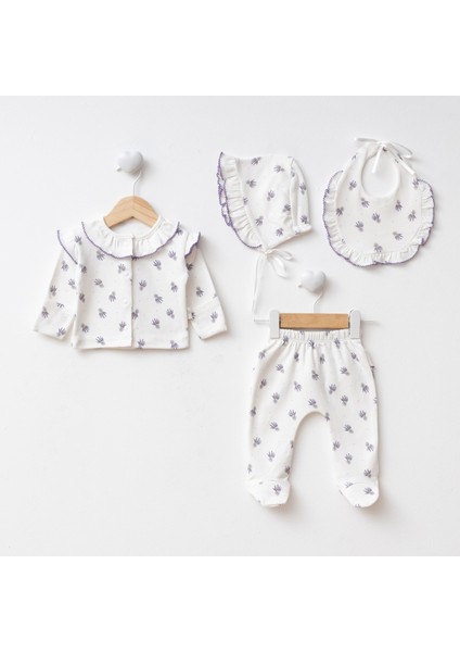 Mor Fırfırlı Lavanta Desenli Kendinden Eldivenli Yenidoğan Seti