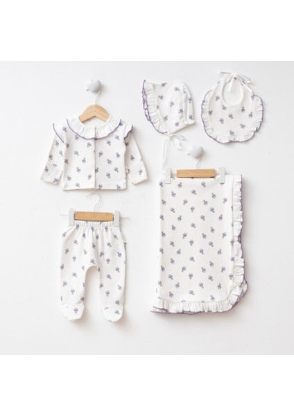 Mor Fırfırlı Lavanta Desenli Kendinden Eldivenli Yenidoğan 5'li Set