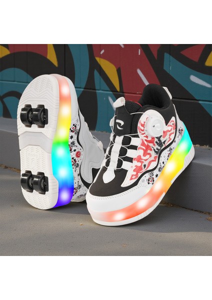 Flames Çocuk Patenli Işıklı Tekerlekli Spor Ayakkabı & Beyaz-Siyah Kaykay Ayakkabı 4 Teker