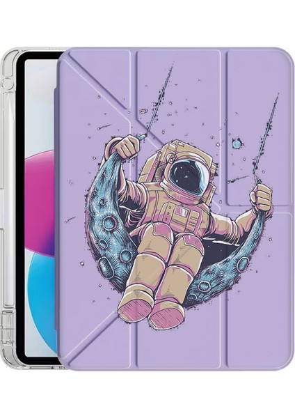 iPad 10.2 (8.nesil) Kılıf Desenli Uyku Modlu Kalem Bölmeli Standlı Astronot