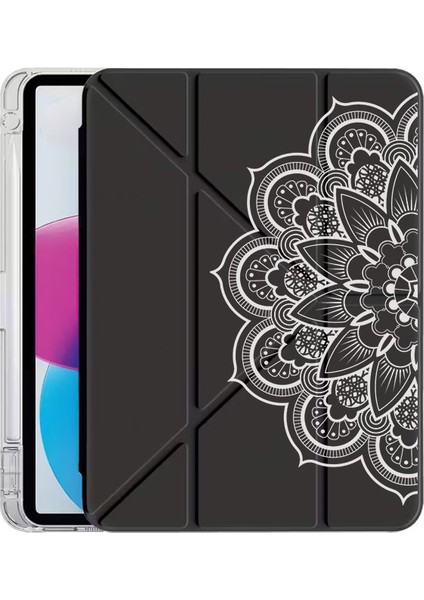 iPad 10.2 (8.nesil) Kılıf Desenli Uyku Modlu Kalem Bölmeli Standlı Beyaz Mandala