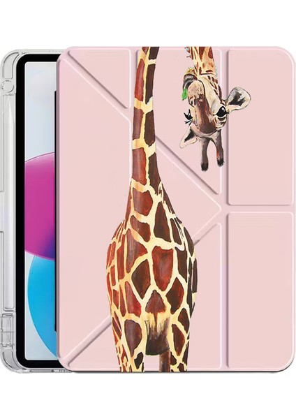iPad 10.2 (8.nesil) Kılıf Desenli Uyku Modlu Kalem Bölmeli Standlı Zürafa