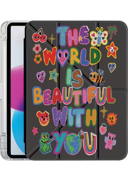 iPad 10.2 (8.nesil) Kılıf Desenli Uyku Modlu Kalem Bölmeli Standlı With You