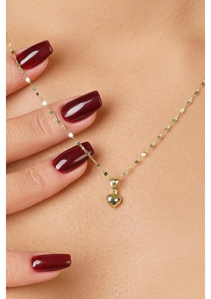 14 Ayar Altın Işıltılı Aynalı Zincirde Kalpli Kolye