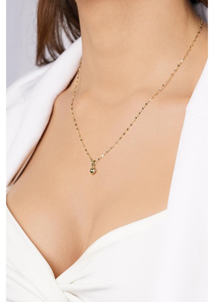 14 Ayar Altın Işıltılı Aynalı Zincirde Kalpli Kolye