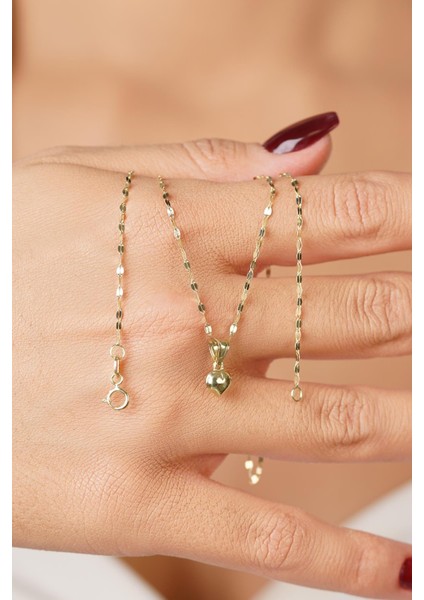 14 Ayar Altın Işıltılı Aynalı Zincirde Kalpli Kolye