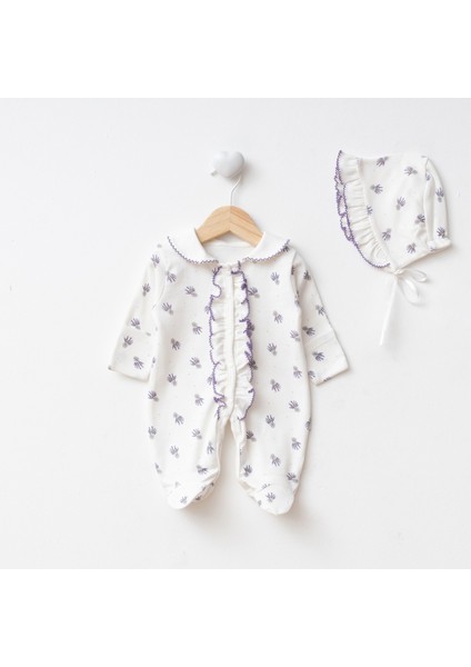 Sevimli Fırfırlı Lavanta Desenli Kendinden Eldivenli 0-3 Ay Bebek Tulum Seti fiyatları