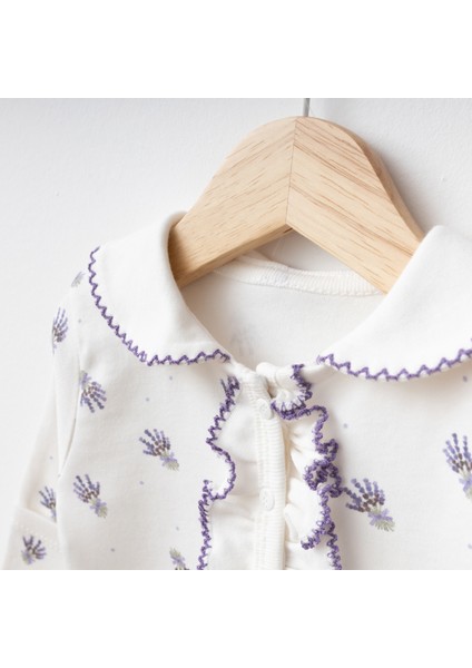 Sevimli Fırfırlı Lavanta Desenli Kendinden Eldivenli 0-3 Ay Bebek Tulum Seti modelleri