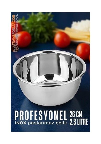 Inox Kase - 26 cm 2.3 Litre Karıştırma Kabı Profesyonel 304 Paslanmaz Çelik