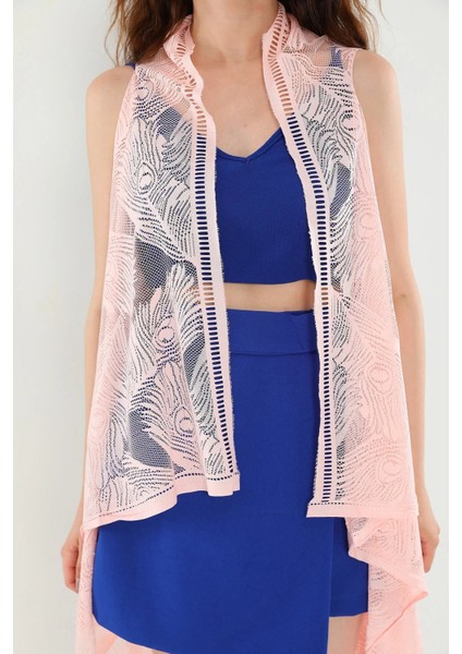 Pareo Dantel Yelek Mayo Bikini Üzeri Yaprak Desenli Püsküllü Plaj Elbisesi - Açık Pembe fiyatları