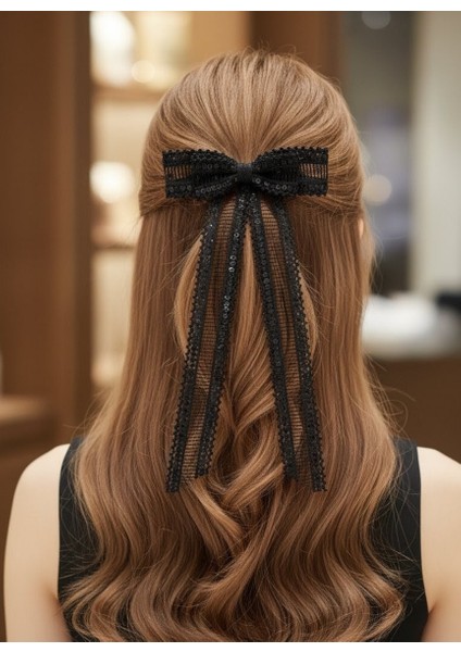 Siyah Pullu Şerit Dantel Fiyonk Toka, El Yapımı Tasarım Yetişkin Genç Kız Klipsli Otomatik Fiyonk