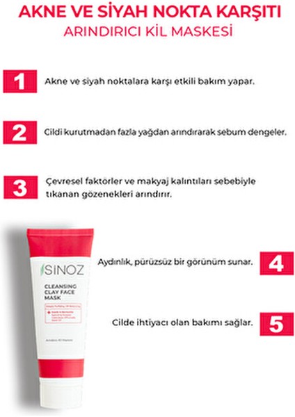 SiNOZ Akne ve Siyah Nokta Karşıtı Arındırıcı Yüz Bakım Kil Maskesi 50 ml Tüm Ciltler İçin Jel Formül fırsatları
