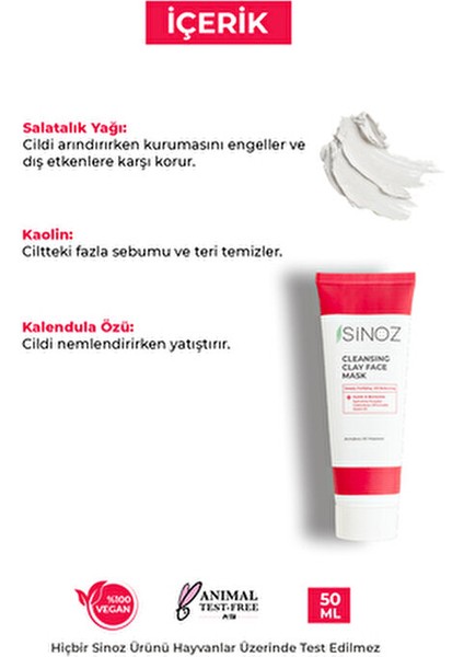 SiNOZ Akne ve Siyah Nokta Karşıtı Arındırıcı Yüz Bakım Kil Maskesi 50 ml Tüm Ciltler İçin Jel Formül indirimleri