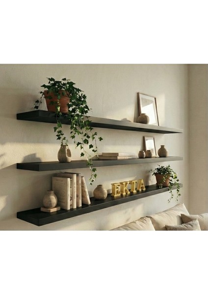 3lü Siyah Uçan Raf Duvar Rafı Duvar Kitaplık Raf Seti Duvar Aksesuarı (3 Adet 100X18CM) Mat Siyah