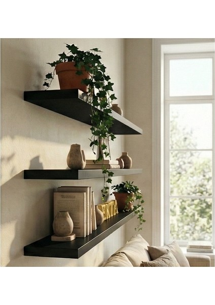 3lü Siyah Uçan Raf Duvar Rafı Duvar Kitaplık Raf Seti Duvar Aksesuarı (3 Adet 100X18CM) Mat Siyah