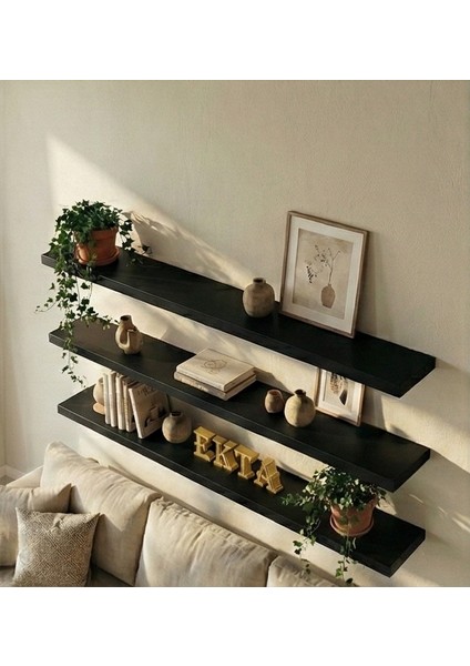 3lü Siyah Uçan Raf Duvar Rafı Duvar Kitaplık Raf Seti Duvar Aksesuarı (3 Adet 100X18CM) Mat Siyah