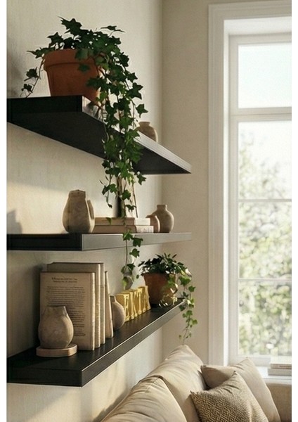 3lü Siyah Uçan Raf Duvar Rafı Duvar Kitaplık Raf Seti Duvar Aksesuarı (3 Adet 100X18CM) Mat Siyah