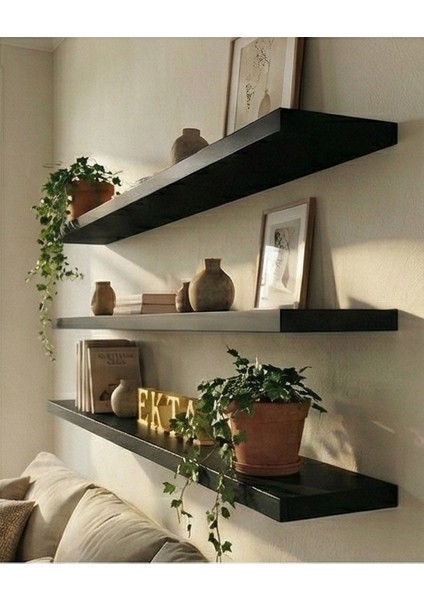3lü Siyah Uçan Raf Duvar Rafı Duvar Kitaplık Raf Seti Duvar Aksesuarı (3 Adet 100X18CM) Mat Siyah